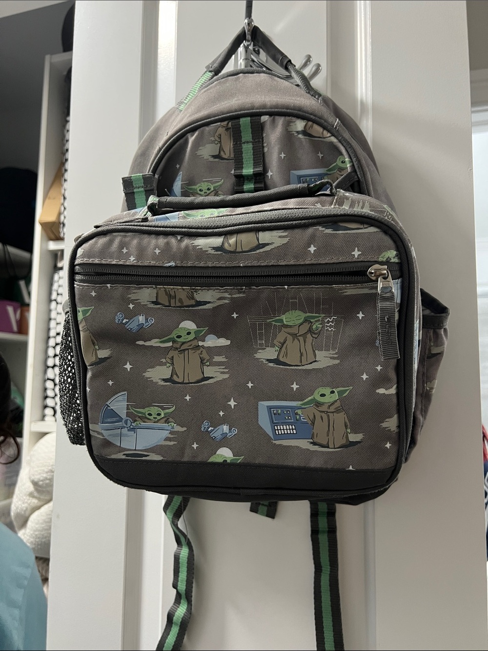 Pottery Barn Kids Gray Grogu-Themed Backpack with Green Accents
